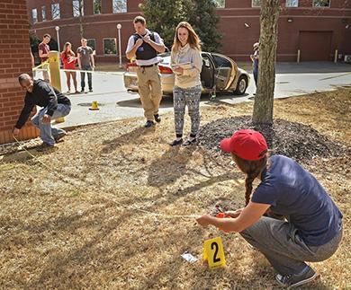 Criminal justice/criminology majors exploring mock crime scene