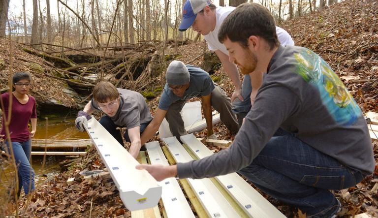 Environmental science students setting up outdoor study