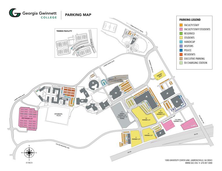 Map of GGC's campus with large venue and parking highlighted