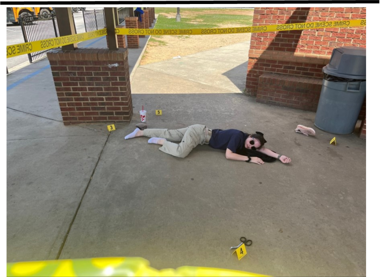 A crime scene simulation at an elementary school