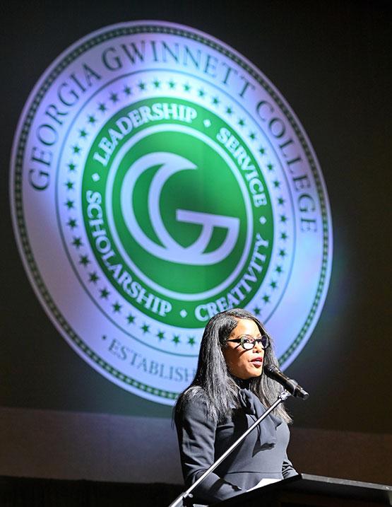 Dr. Ilyasah Shabazz delivers the keynote speech during the MLK Day of Service on Friday, Jan. 17, 2025 at Georgia Gwinnett College.