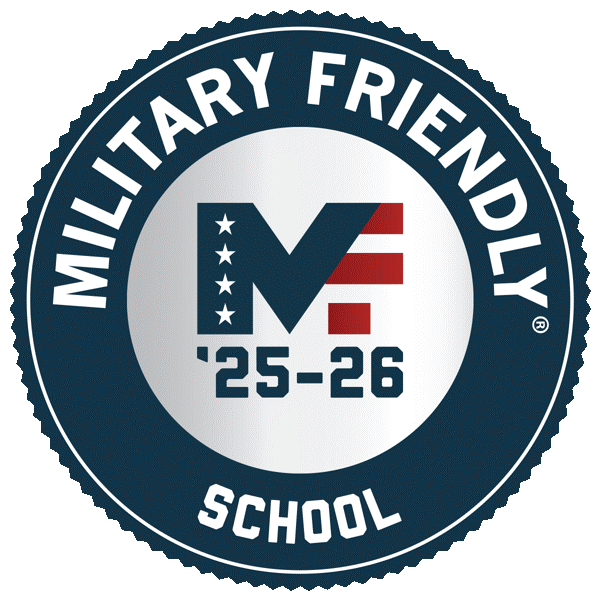 Military Friendly School circular logo with initials MF 25-26 in blue and red lettering