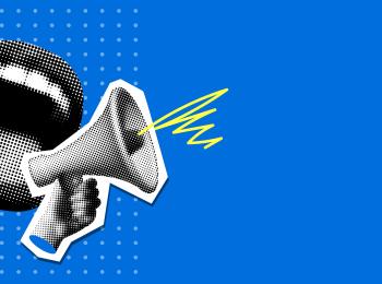 Open mouth and megaphone on blue background