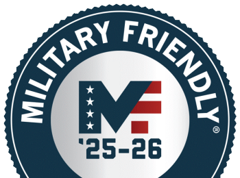 Military Friendly School circular logo with initials MF 25-26 in blue and red lettering 
