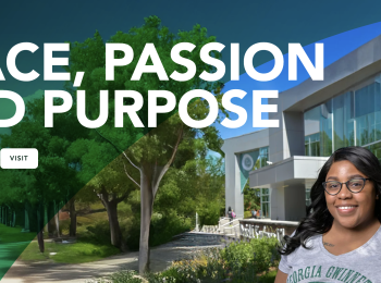 New CMS redesign banner includes GGC theme and a student standing in front of the library